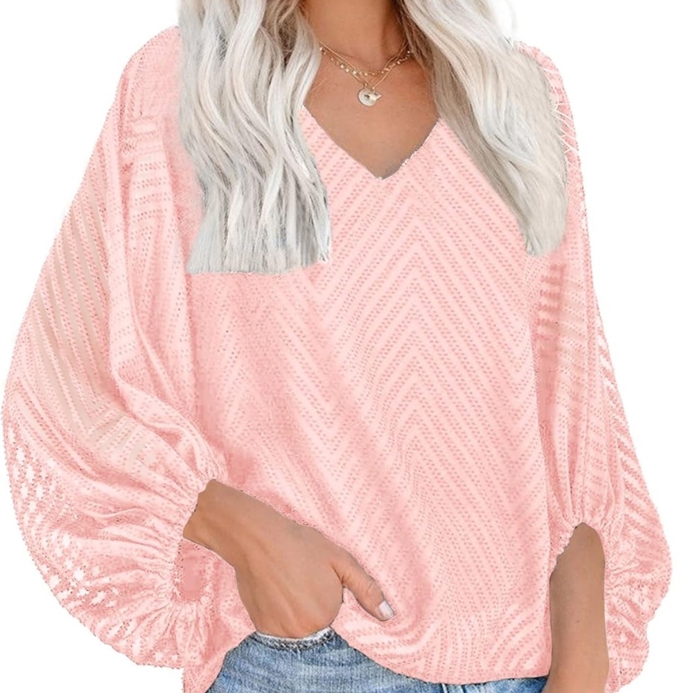 Women Long Sleeve Blouse V Neck Lantern Sleeve Chiffon Loose Fit Tops Medium